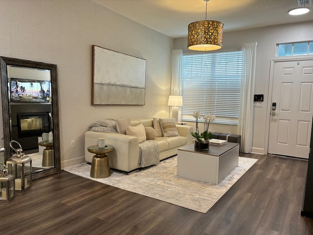 living room with dark hardwood / wood-style flooring and a wealth of natural light