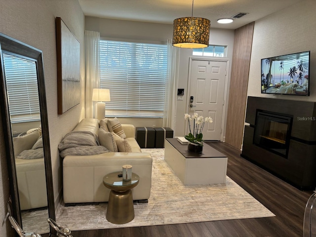 living room with dark wood-type flooring