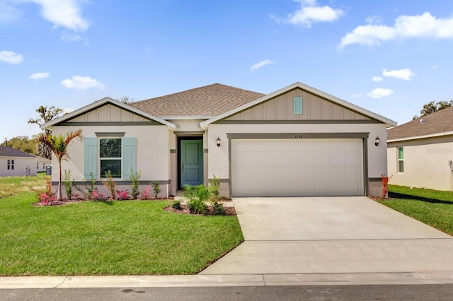 ranch-style house with a garage, roof with shingles, driveway, and a front lawn