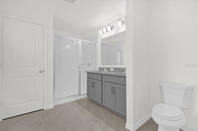 full bathroom featuring toilet, a stall shower, tile patterned flooring, and vanity