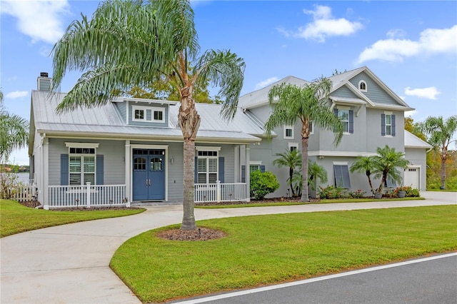 view of front of property featuring a front yard, a garage, and a porch