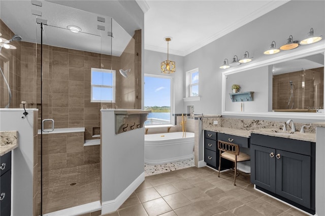 bathroom with vanity, shower with separate bathtub, a water view, and tile patterned flooring