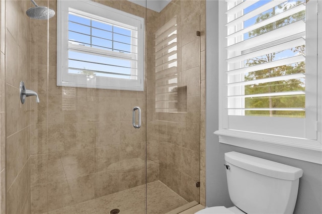 bathroom featuring toilet, a healthy amount of sunlight, and an enclosed shower