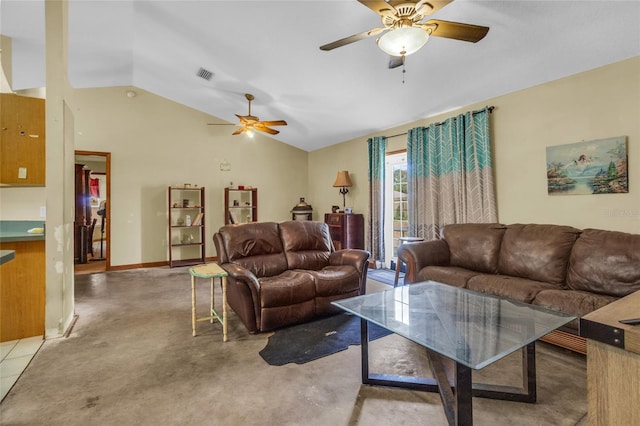 living room featuring lofted ceiling and ceiling fan