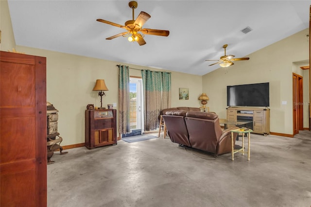 living room with vaulted ceiling and ceiling fan