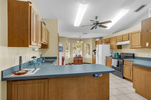 kitchen featuring sink, ceiling fan, electric range, and kitchen peninsula