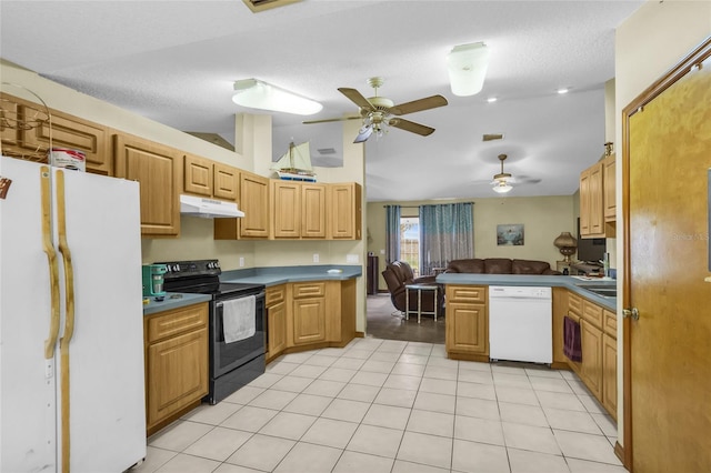 kitchen featuring lofted ceiling, kitchen peninsula, light tile patterned floors, a textured ceiling, and white appliances