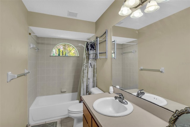 full bathroom with toilet, shower / bath combo with shower curtain, vanity, and tile patterned floors