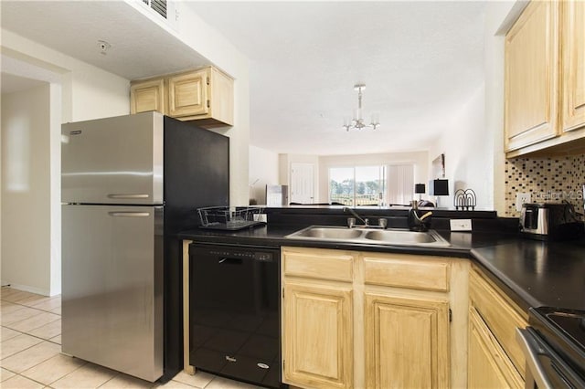 kitchen with light tile patterned floors, light brown cabinetry, tasteful backsplash, stainless steel appliances, and a chandelier