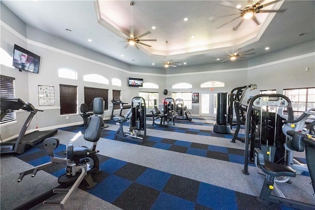 workout area featuring a high ceiling, a tray ceiling, and dark carpet