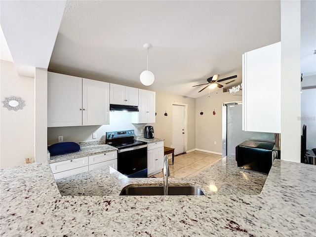 kitchen with ceiling fan, white cabinetry, light stone countertops, electric stove, and sink