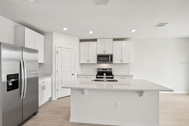 kitchen featuring sink, white cabinetry, a kitchen island with sink, and stainless steel appliances