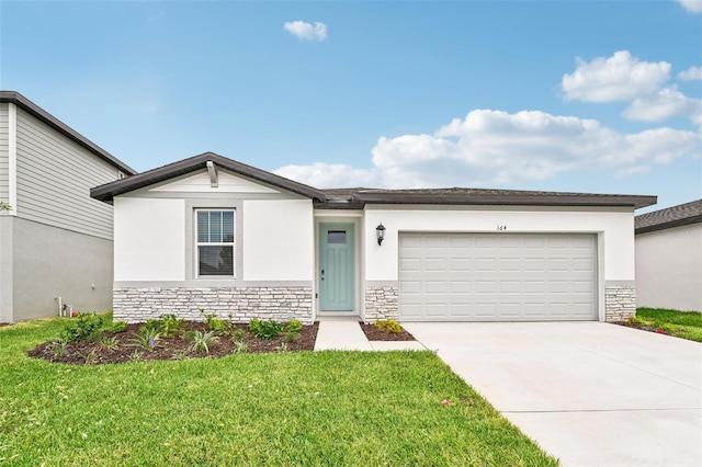 ranch-style home with a garage and a front lawn