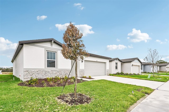 single story home with a garage and a front yard