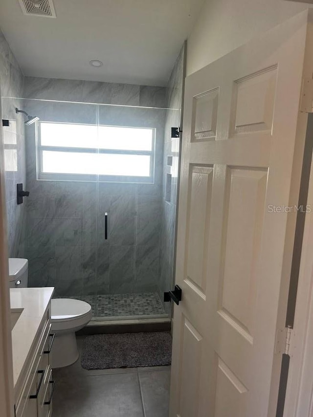 bathroom with vanity, toilet, plenty of natural light, and a shower with door