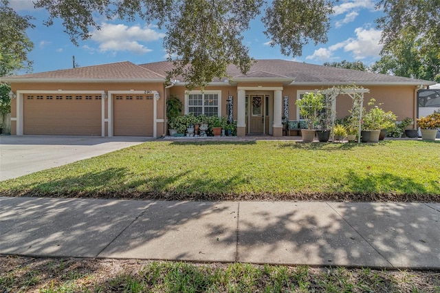 ranch-style house with a front yard and a garage