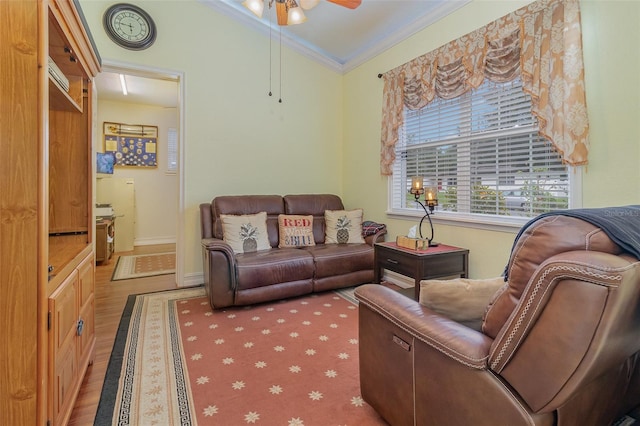 living room featuring hardwood / wood-style floors, ceiling fan, and crown molding