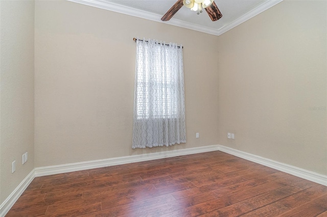 empty room with dark wood-type flooring, ceiling fan, and crown molding