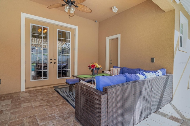 view of patio / terrace with outdoor lounge area, ceiling fan, and french doors