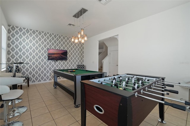 game room with light tile patterned flooring and pool table