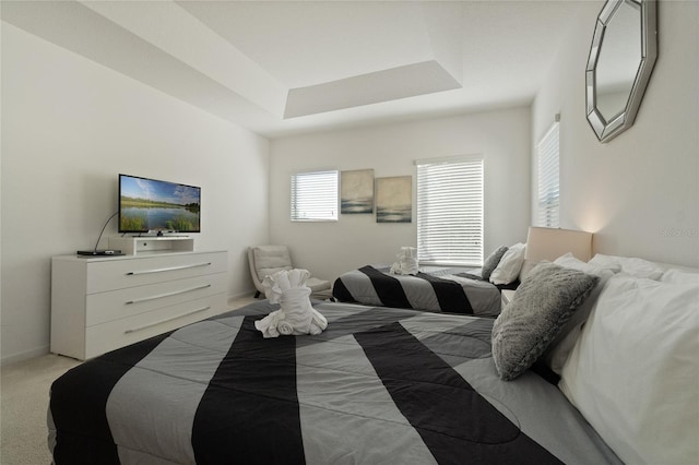 bedroom featuring light carpet and a raised ceiling