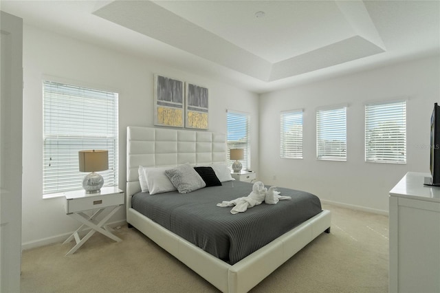 carpeted bedroom with a raised ceiling