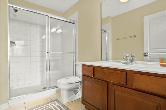 bathroom featuring vanity, walk in shower, toilet, and tile patterned floors