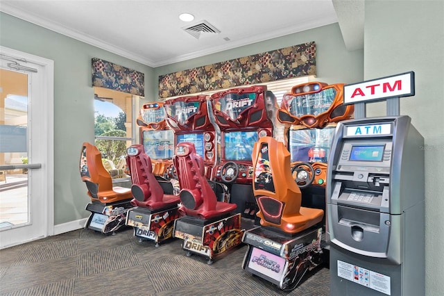 game room featuring crown molding and dark colored carpet