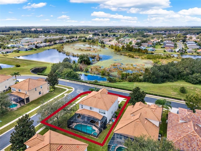 aerial view featuring a water view