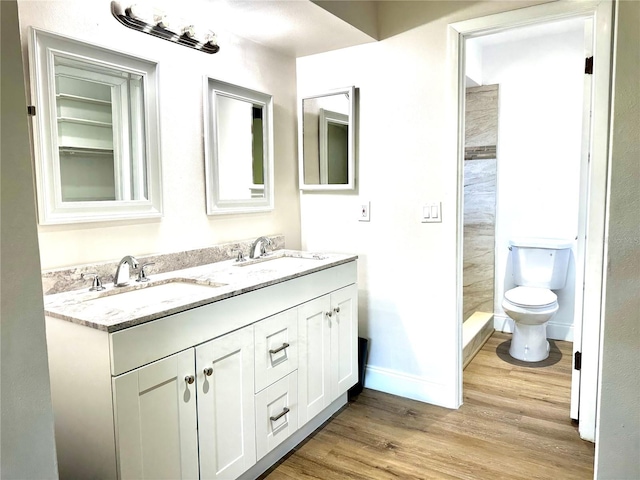 bathroom featuring hardwood / wood-style floors, vanity, and toilet