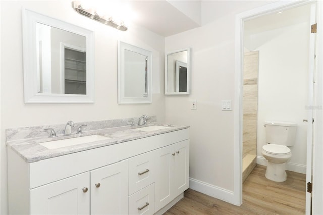 bathroom with toilet, wood finished floors, double vanity, and a sink