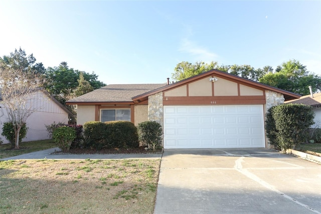 ranch-style house featuring concrete driveway, stucco siding, roof with shingles, an attached garage, and stone siding