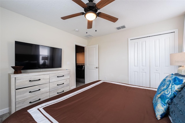 unfurnished bedroom with a closet, carpet, and ceiling fan