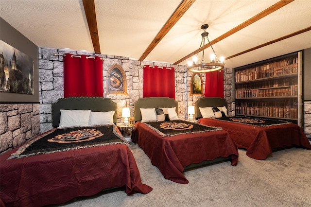 carpeted bedroom featuring lofted ceiling with beams, a textured ceiling, and an inviting chandelier