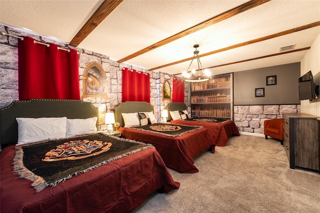 bedroom featuring beam ceiling, a notable chandelier, a textured ceiling, and light colored carpet