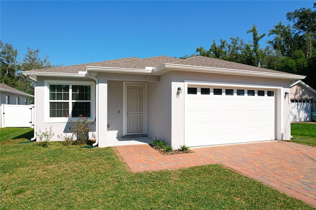 view of front of property featuring a garage and a front lawn