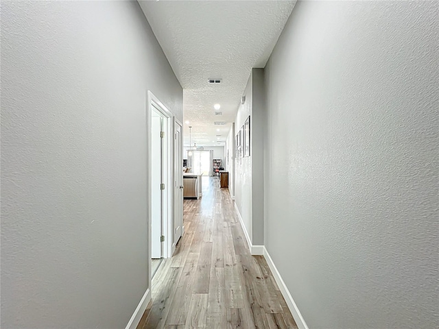 hallway with a textured ceiling and light hardwood / wood-style flooring