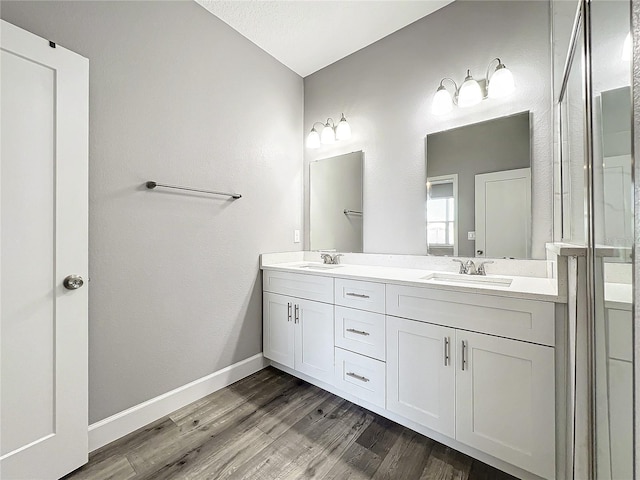 bathroom with hardwood / wood-style floors and vanity