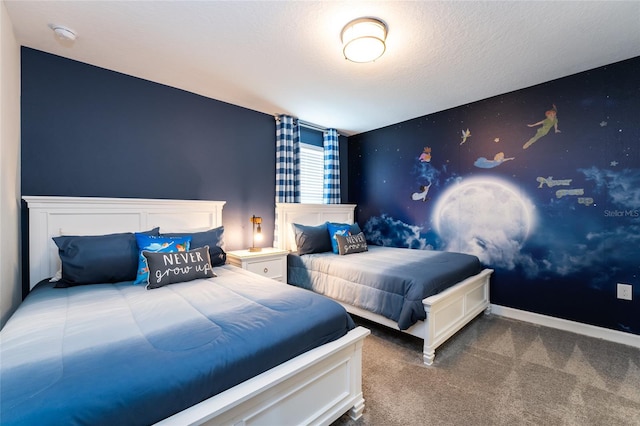 carpeted bedroom with a textured ceiling