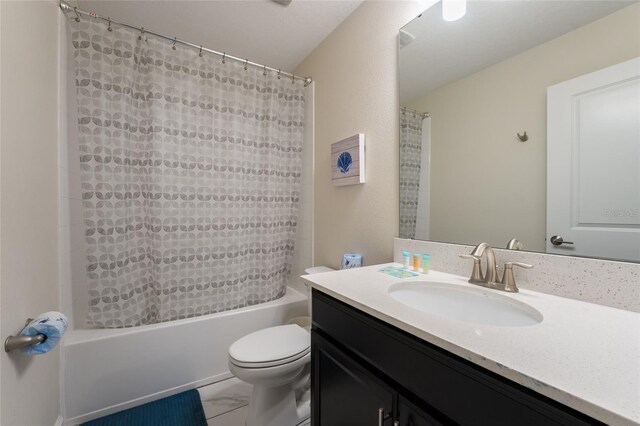8896 Cabot Cliffs Dr, Davenport, FL 33896 - bathroom with vanity, toilet, shower / bathtub combination with curtain, and marble look tile flooring