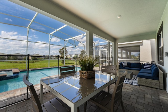 sunroom with a swimming pool