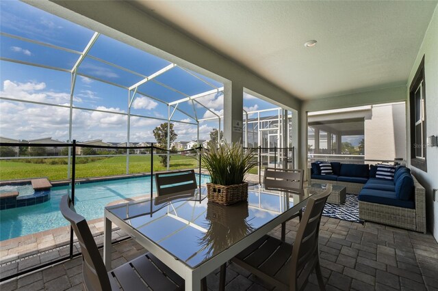 8896 Cabot Cliffs Dr, Davenport, FL 33896 - view of patio / terrace featuring outdoor lounge area, a lanai, and a pool with connected hot tub