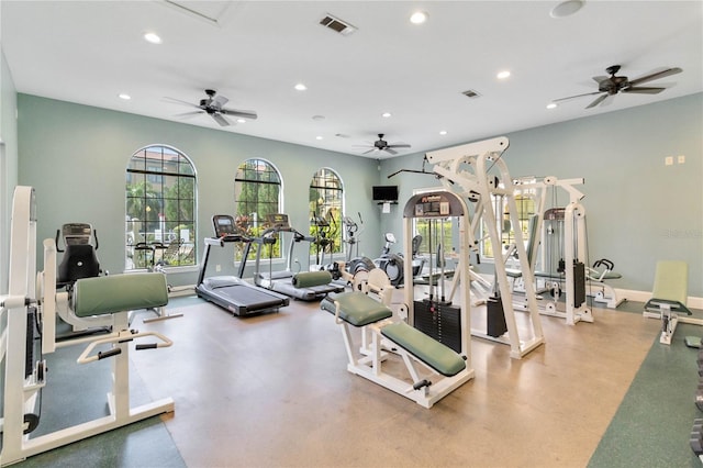 workout area with ceiling fan