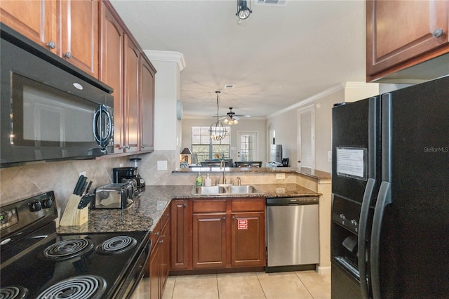 kitchen featuring decorative backsplash, ornamental molding, sink, black appliances, and light tile patterned flooring