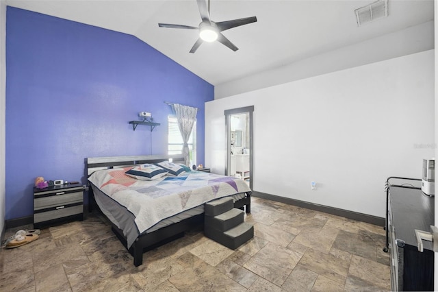 bedroom featuring ceiling fan and lofted ceiling