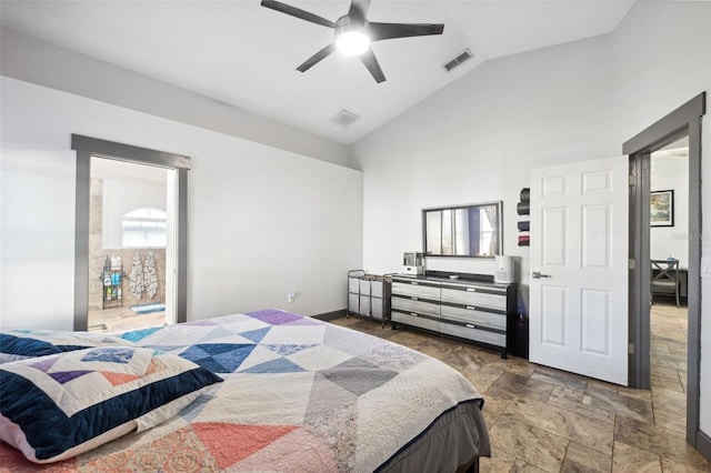 bedroom with baseboards, visible vents, stone tile flooring, and high vaulted ceiling