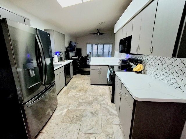7940 Fashion Loop, New Port Richey, FL 34654 - kitchen featuring black appliances, decorative backsplash, ceiling fan, an office area, and vaulted ceiling