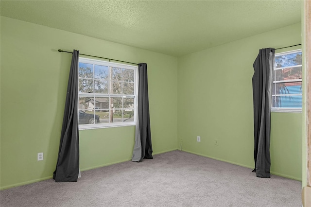 unfurnished room featuring a wealth of natural light, light carpet, and a textured ceiling