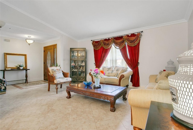 living room featuring crown molding