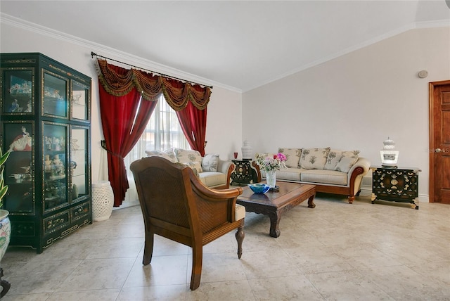 living room with vaulted ceiling and ornamental molding